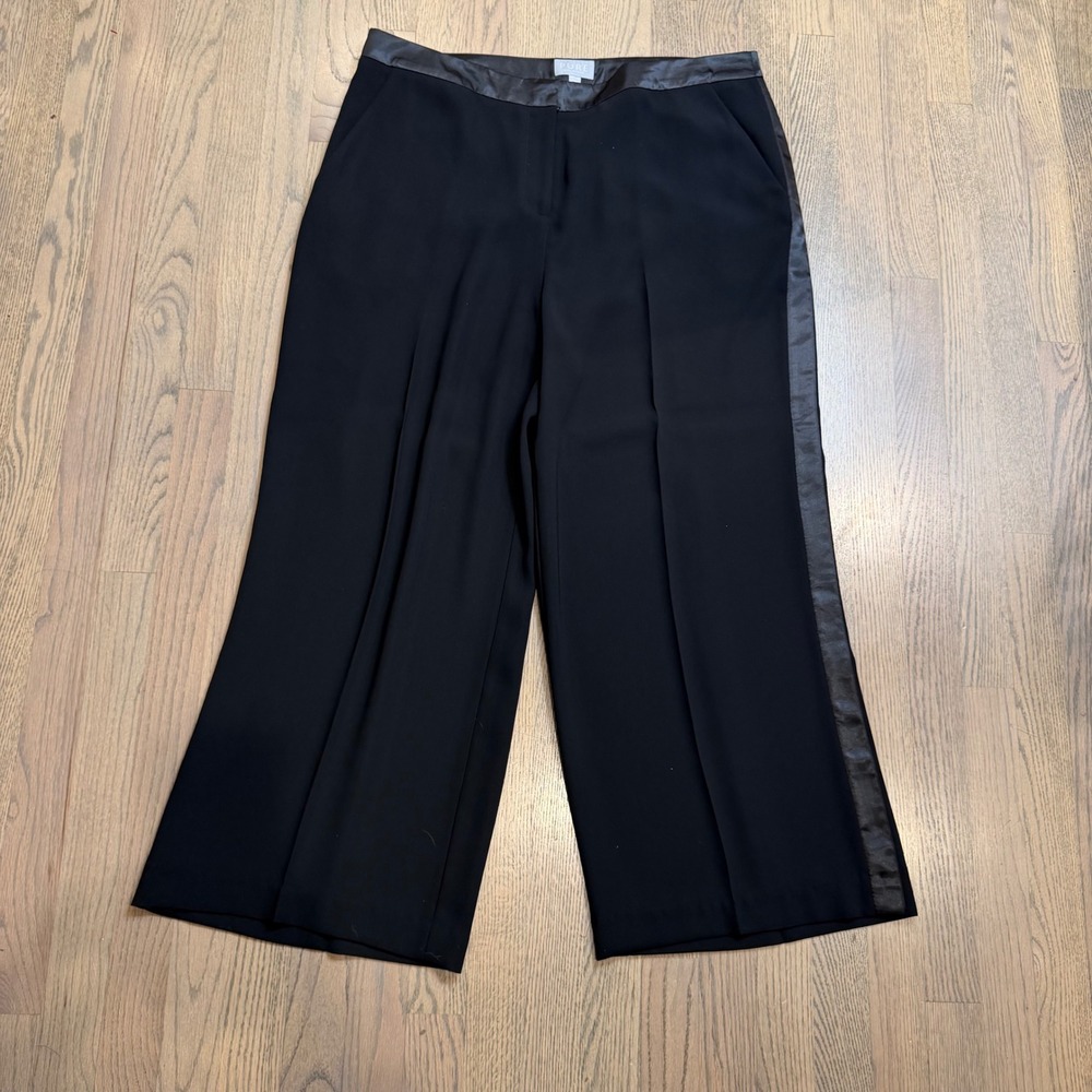 PURE COLLECTION Black Wide Leg Satin Stripe Trouser Pants Women US 14 16